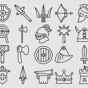 May include: A set of 20 black and white line drawings of medieval weapons, armor, and other objects. The images include a shield, spear, trident, bow and arrow, helmet, axe, sword, crown, and more.