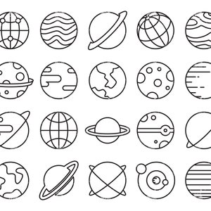 May include: A set of 24 black and white line art icons depicting different planets and celestial bodies. The icons include planets with rings, planets with craters, planets with stripes, and planets with a grid pattern.
