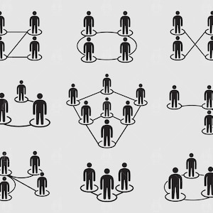 May include: A collection of black and white vector illustrations depicting various network diagrams. Each diagram features stick figures connected by lines, representing different organizational structures and relationships.