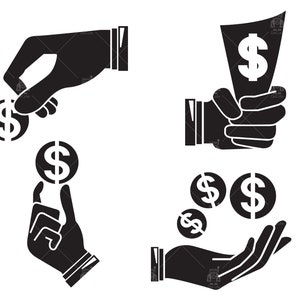 Mano holding denaro svg, mano dollaro moneta, mano tenere banca di denaro, payout, suggerimento, finanza, Silhouette cliparts Vector File svg, eps, ai, pdf, png