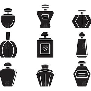 May include: A collection of nine black perfume bottle designs. The bottles vary in shape, including oval, rectangular, and geometric forms. Each bottle has a distinct cap design, offering a variety of styles for fragrance packaging.