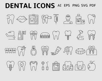 Dental icons/ dental svg / dental care / dental implant / dentist line clip arts set Vector Digital File svg, eps, ai, pdf, png
