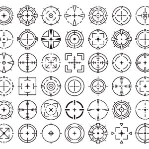 May include: A set of 48 black and white target icons. The icons are various shapes and sizes, including circles, squares, and rectangles. The icons are all centered on a white background.