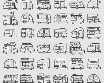 Motorhome svg, RV car icons, RV svg, camping car, recreational vehicle, camper van travel line icons clip arts Vector svg, eps, ai, pdf, png