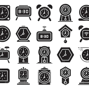Op de afbeelding: Een set van 24 zwart-witte klokpictogrammen. De pictogrammen tonen verschillende soorten klokken, waaronder wekkers, wandklokken en polshorloges. De pictogrammen zijn allemaal in een eenvoudige, minimalistische stijl.