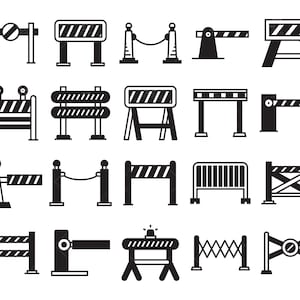 Barricade, wegblokkade, weg gesloten, controlepunt, in aanbouw hek, verkeersbarrière pictogrammen illustratie vector svg, eps, ai, pdf, png