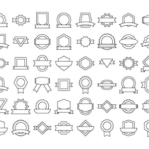 Peut inclure: Ensemble de badges et étiquettes en noir et blanc, dessinés au trait, de formes variées : cercles, rectangles et polygones. Chaque badge est orné d'un ruban ou d'une bannière, idéal pour la conception ou l'image de marque.
