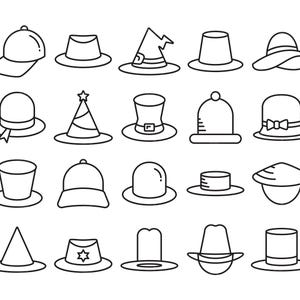 Op de afbeelding: Een verzameling van twintig zwart-wit illustraties van hoeden. De afbeeldingen tonen baseballpetten, fedora's, heksenhoeden, hoge hoeden, zonnehoeden, bolhoeden, feesthoeden en meer. Alle hoeden zijn in lijnen getekend.