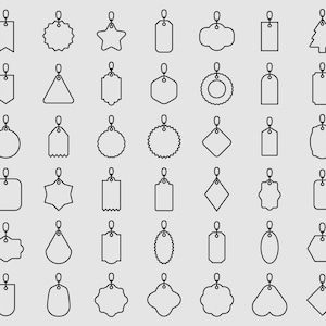 Könnte beinhalten: Ein Satz von 40 schwarz-weißen Umriss-Icons von Preisschildern in verschiedenen Formen. Die Schilder hängen alle an einer Schnur und haben eine Vielzahl von Formen, darunter Kreise, Quadrate, Sterne und Herzen.