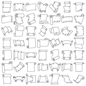 May include: A collection of black and white line art illustrations of scrolls and parchment. The designs vary in shape and style, including rolled, unrolled, and partially unrolled scrolls, suitable for historical or vintage-themed projects.