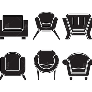 May include: A collection of six black and white chair illustrations. The chairs vary in design, including armchairs with square backs, curved backs, and chairs with angled legs. The illustrations are simple and modern, suitable for design or decor themes.
