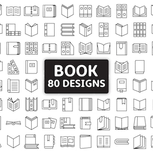May include: A black and white illustration of 80 different book designs. The designs include open books, closed books, books with bookmarks, and books with different types of bindings.