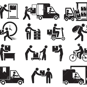 Bezorger svg/ bezorgservice/ verzending/ logistiek/ magazijn/ mensen stick figure clip arts set Vector File svg, eps, ai, pdf, png