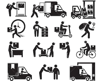 Delivery man svg/ delivery service/ shipping/ logistics/ warehouse/ people stick figure clip arts set Vector File svg, eps, ai, pdf, png