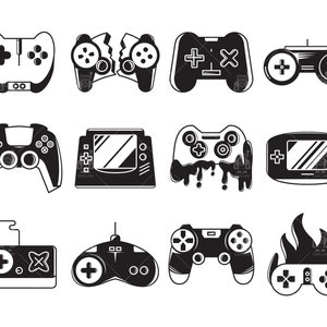 May include: A collection of black and white illustrations of various video game controllers. The image includes controllers of different shapes and designs, some with buttons and joysticks, and one controller on fire.