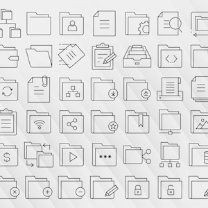 May include: A set of 48 black and white line icons depicting various folder and file related actions. The icons include actions such as sharing, downloading, uploading, deleting, and more.