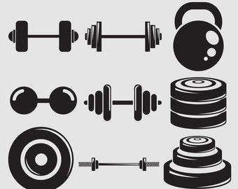 Dumbbell, weight, gym equipment, power lifting barbells clip arts set Vector Digital File svg, eps, dxf, ai, png