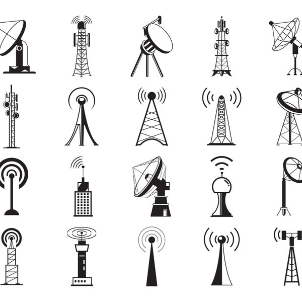 Antenna svg, radio tower, broadcast, transmitter antenna, wireless signal station bundle clip arts. Vector File svg, eps, dxf, ai, png