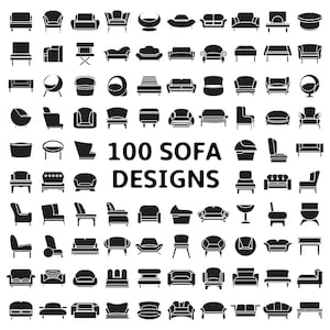 Könnte beinhalten: Eine Schwarzweißillustration von 100 verschiedenen Sofadesigns. Das Bild zeigt eine Vielzahl von Stilen, von klassisch bis modern, und verfügt über verschiedene Formen, Größen und Details.