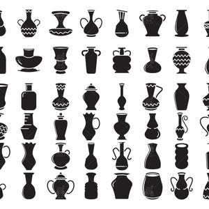May include: A collection of black silhouette vases in various shapes and sizes. The vases include styles with handles, lids, and decorative patterns. The image showcases a variety of ceramic and pottery designs, suitable for home decor and artistic projects.