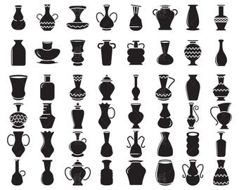 May include: A collection of black silhouette vases in various shapes and sizes. The vases include styles with handles, lids, and decorative patterns. The image showcases a variety of ceramic and pottery designs, suitable for home decor and artistic projects.