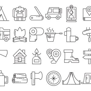 Conjunto de imágenes prediseñadas vectoriales SVG de iconos de camping y equipamiento para actividades al aire libre (archivo digital)