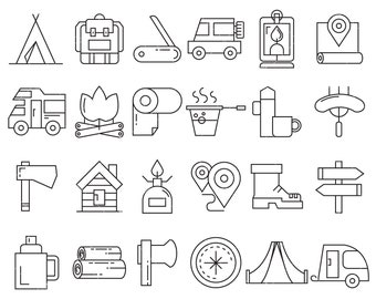 Camping and outdoor icons, camping equipment svg, adventure and hiking elements clip arts set Vector Digital File svg, eps, ai, pdf, png