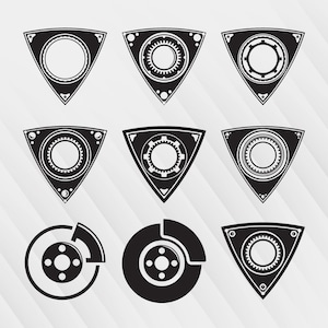 May include: A set of nine black and white illustrations of rotary engine parts. The illustrations are in the shape of a triangle with a circle in the centre. The circle has a gear design inside. The illustrations are on a white background.