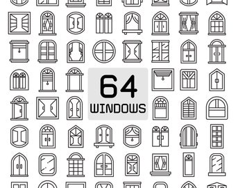 Window svg, window line icons, window symbol, door and curtain clip arts set Vector Digital File svg, eps, ai, pdf, png