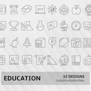 Może przedstawiać: Zestaw 32 czarno-białych ikon liniowych przedstawiających różne tematy edukacyjne. Ikony obejmują książkę, puchar, mikroskop, rakietę, globus, kalkulator, dzwonek, pędzel, linijkę, czapkę absolwenta, ołówek, plecak, jabłko, komputer, probówkę, zegar, maskę teatralną, sowę, liść, teczkę, książkę, zeszyt, gwiazdę, piłkę nożną, równanie matematyczne, globus, budynek, dzwonek, kalkulator, zdjęcie profilowe, dyplom, ołówek, kątomierz, globus, książkę, plecak.
