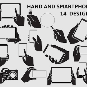 Puede incluir: Un conjunto de 14 ilustraciones en blanco y negro que muestran diferentes formas de sostener un teléfono inteligente, una tableta, una cámara y una unidad USB. Las ilustraciones son simples y fáciles de entender.