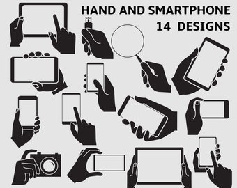 Hand holding smartphone, mobile phone, tablet, camera, touching on device screen clip arts set Vector Digital File svg, eps, dxf, ai, png