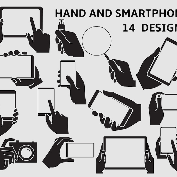 Hand holding smartphone, mobile phone, tablet, camera, touching on device screen clip arts set Vector Digital File svg, eps, dxf, ai, png