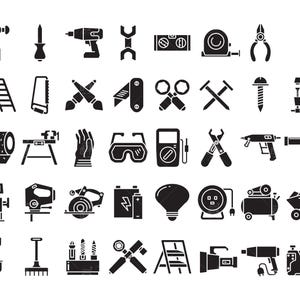 Puede incluir: Colección de ilustraciones en blanco y negro de diversas herramientas. Incluye martillo, destornillador, taladro, llave inglesa, nivel, cinta métrica, alicates, escalera, sierra, pinceles, multiherramienta y más.