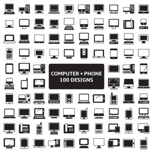 May include: A black and white illustration set of 100 computer and phone icons. The icons include various types of computers, laptops, tablets, smartphones, and other devices. The text "COMPUTER + PHONE 100 DESIGNS" is in the center of the image.