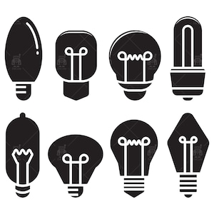 Puede incluir: Una colección de ocho ilustraciones de bombillas negras en varias formas. Los diseños incluyen bombillas ovaladas, rectangulares, redondas y en forma de diamante, cada una con un diseño de filamento y base distintos.