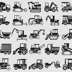 Puede incluir: Un conjunto de 30 ilustraciones en blanco y negro de diferentes tipos de vehículos de construcción. Los vehículos incluyen un camión volquete, una excavadora, una excavadora, una grúa, una retroexcavadora, un rodillo, y más.