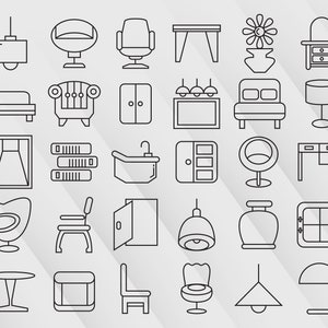 Puede incluir: Un conjunto de 36 dibujos en blanco y negro de muebles y elementos de decoración del hogar, que incluyen sillas, mesas, lámparas, camas y una bañera.