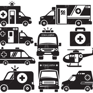 May include: Black and white illustrations of various emergency vehicles, including ambulances, a helicopter, and a first aid kit. The vehicles have a red cross symbol and the word "AMBULANCE" written on them.