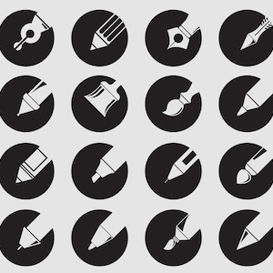 May include: Set of 16 black and white icons depicting various drawing tools, including a paintbrush, pencil, pen, and marker. Each tool is displayed within a circular frame.