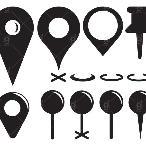 Map pin svg, map marker icons, map pointer, pushpin, gps location pin, map elements clip arts set Vector Digital File svg, eps, ai, pdf, png