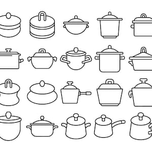 May include: A collection of black and white line art illustrations of various cooking pots and pans. The images include different shapes and sizes of pots, with lids and handles, suitable for kitchen and cooking-related themes.