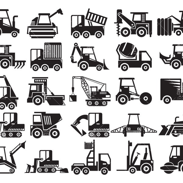 Construction equipment, heavy machine, dump truck, bulldozer, tractor clip arts set Vector Digital File svg, eps, dxf, ai, png, jpg