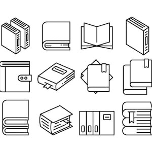 May include: A collection of twelve black and white line art illustrations of books. The images depict various book styles, including open books, stacked books, and books with bookmarks. The illustrations are simple and modern.