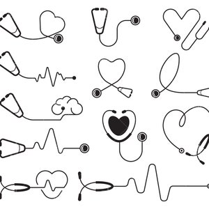 Stethoscope icons, binaural stethoscope with heart, cardio pulse, ECG EKG signal clip arts illustration vector svg, eps, ai, pdf, png