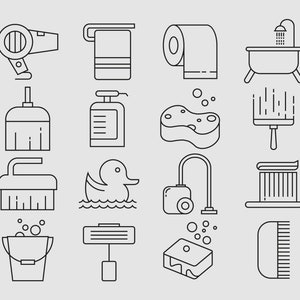 May include: A set of 16 black and white line drawings of bathroom and cleaning supplies. The icons include a hairdryer, towel rack, toilet paper, bathtub, broom, cleaning spray, sponge, squeegee, toilet brush, rubber duck, vacuum cleaner, toothbrush, bucket, window squeegee, soap, and a comb.