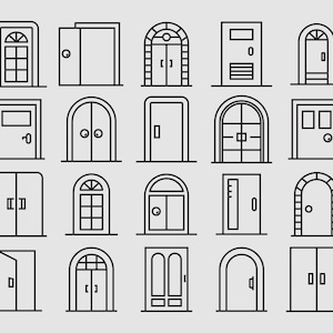 Deurlijnpictogrammen, huisdeur, boogdeur, deurpaneel, open deur, buitendeur en uitgang illustratie vector svg, eps, ai, pdf, png