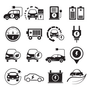 Electric vehicle icons, electric car with plug, battery, eco car, electric charge station clip arts Vector File svg, eps, ai, dxf, pdf, png