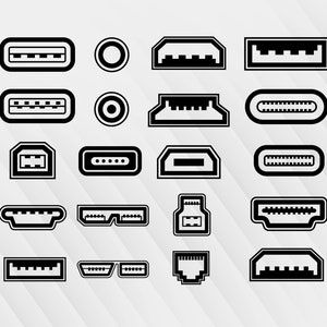 以下が含まれることがあります： USB、HDMI、イーサネット、オーディオジャックなど、さまざまな種類の接続器の白黒イラストの集まりです。
