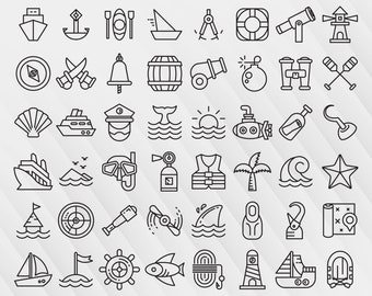 Nautical and maritime line icons, nautical svg, marine line icons clip arts set Vector Digital File svg, eps, pdf, png